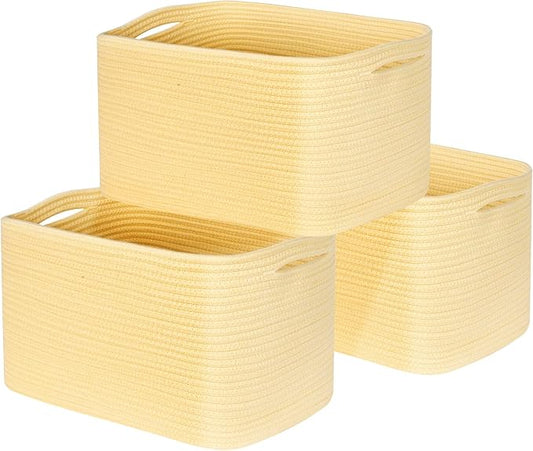 3-Pack Decorative Woven Storage Baskets for Shelves, Cube Bin Box for Organizing Books, Shoes, Dog Toys, Pantry Closet and Living Room Organizer, Yellow by MINTWOODDesign