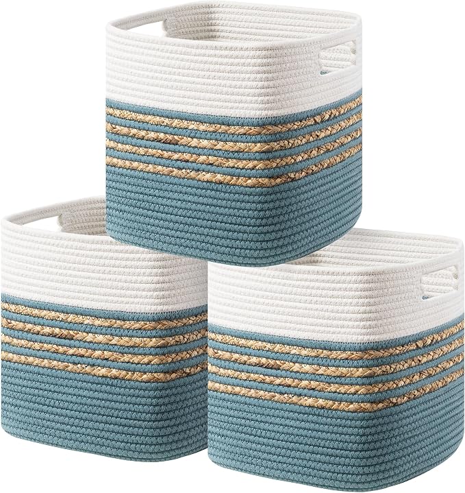 UBBCARE Set of 3 Storage Cubes 11 X 10.5 X 10.5 in, Water Hyacinth Storage Bins for shelves, Toys, Book, Storage Baskets with Handles, Cotton Rope Woven Baskets for Organizing, Light Blue by UBBCARE