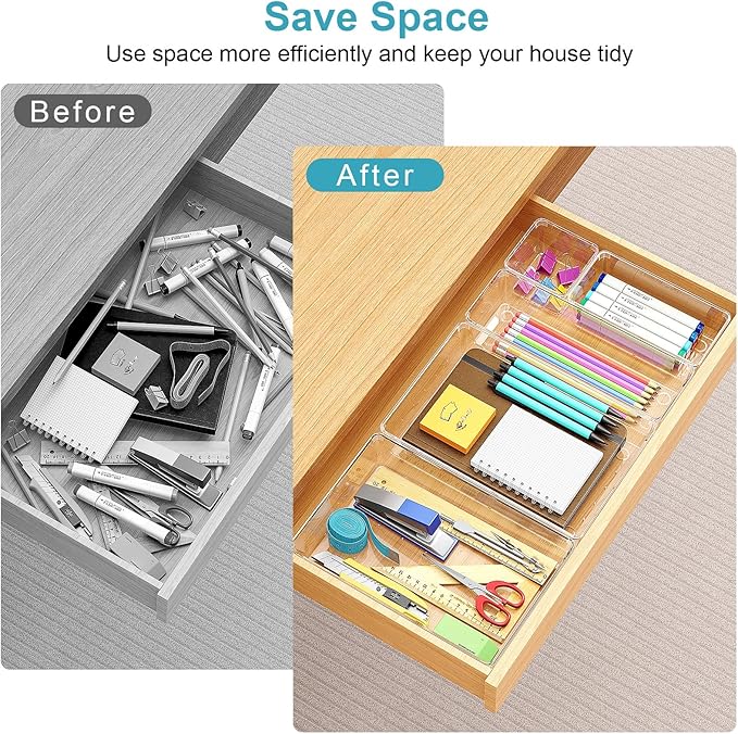 Manalete 65 Pcs Clear Plastic Drawer Organizer, Makeup & Vanity Organizer | 4-Size Versatile Desk Organizer & Storage Bins for Kitchen, Bathroom, Office, Jewelries, Easy Clean, Stackable, BPA-Free - Image 3