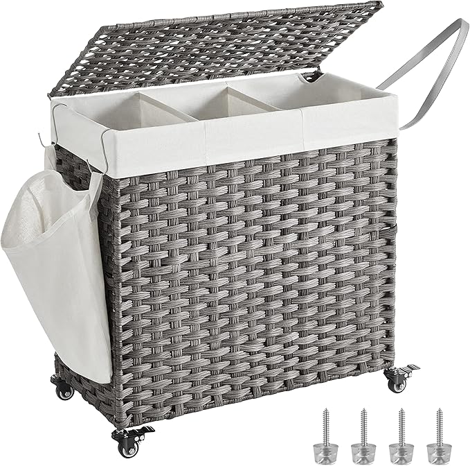 SONGMICS Laundry Hamper with Lid, 37 Gallons (140 L), Rolling Laundry Basket with Wheels, 3-Section Synthetic Rattan, Removable Liner, Bedroom, 26 x 13 x 26 Inches, Gray ULCB363G01 by Unknown