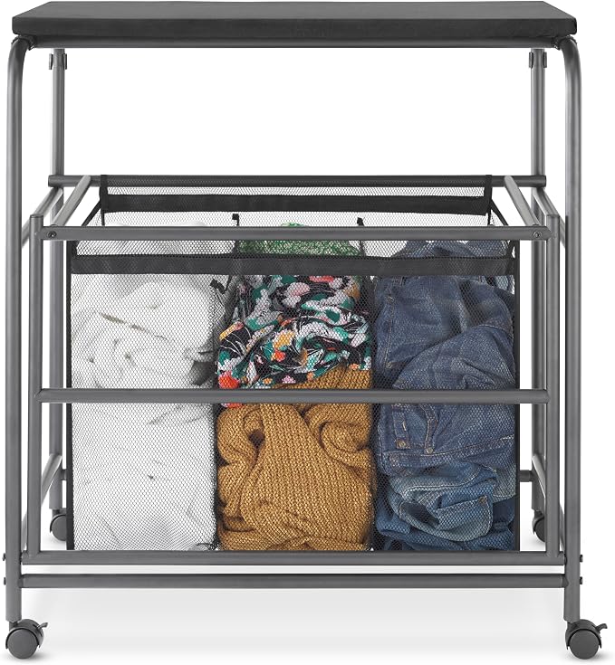 Whitmor Triple Laundry Sorter with Ironing & Folding Table - Rolling Laundry Sorter with Ironing Table - Gunmetal - Image 2