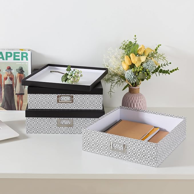 SLPR - Black and White Nesting Storage Boxes with Lids, Set of 3 | Decorative Paperboard Scrapbook Box Set for Keepsakes, Photos and Letter Papers, Large Cardboard Memory Organizers - Image 5