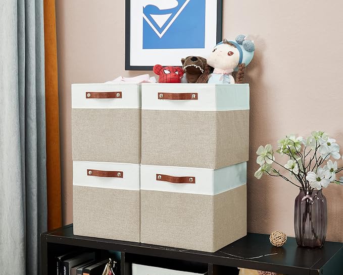 DECOMOMO Fabric Cube Storage Bins, Storage Baskets for Shelves 4 Pack | 11 inch Cube Storage Organizer for Kallax and Cubbies (Beige & White) - Image 6