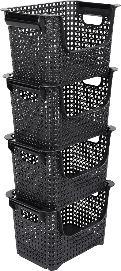 Large Stackable Storage Bins Open Front for Pantry Storage, 4 Pack - Black | Sturdy Plastic, Easy Stacking, Open Front Access, Ventilated Sides, Vertical & Space Saving Pantry Organizers and Storage Bin - Image 8