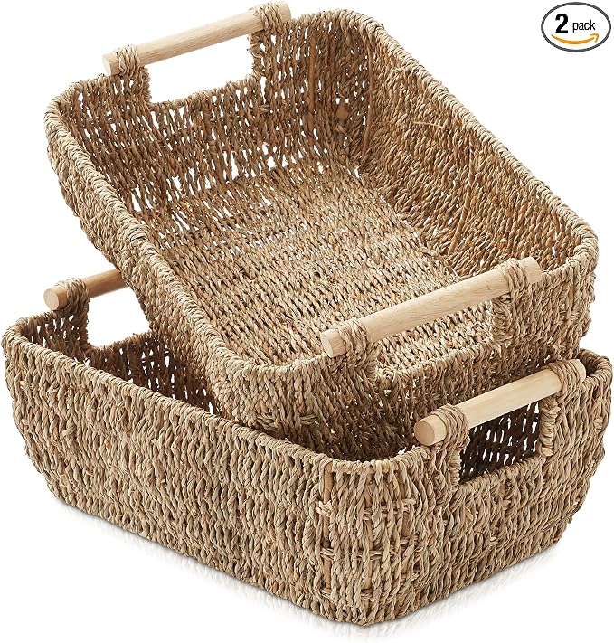 Casafield Set of 2 Seagrass Oval Storage Baskets with Wooden Handles - Large, Woven Bin Organizers by Casafield