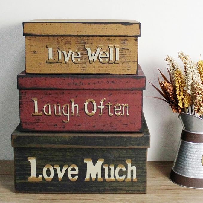 Primitive Vintage Rectangular “Live Well, Laugh Often, Love Much” Cardboard Nesting Boxes, Large 12 X 9 X 5-1/2 Inch. Set of 3. - Image 3