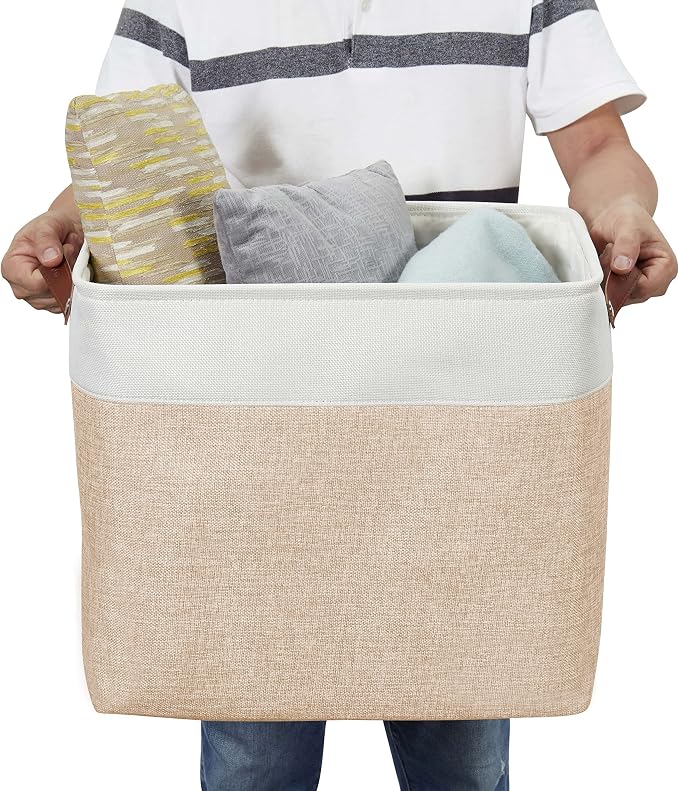 DECOMOMO Extra Large Storage Baskets, 54.5L Fabric Storage Bins 3 Pack | XXXL Storage Baskets for Shelves, Linen Closet Organizers (Beige & White, 17" x 13" x 15") - Image 4