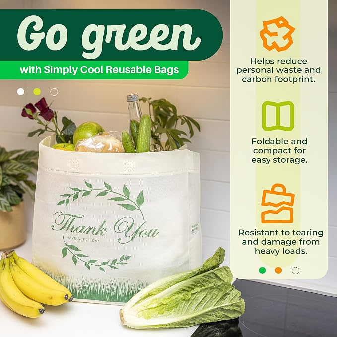 Simply Cool 50 Pack Reusable Thank You Grocery Bags Large Tote Bags Bulk | 14.5"x14"x6.6" Heavy Duty Non-woven Printed Shopping Bags with Handles, Foldable Washable for Groceries and Commercial use - Image 5