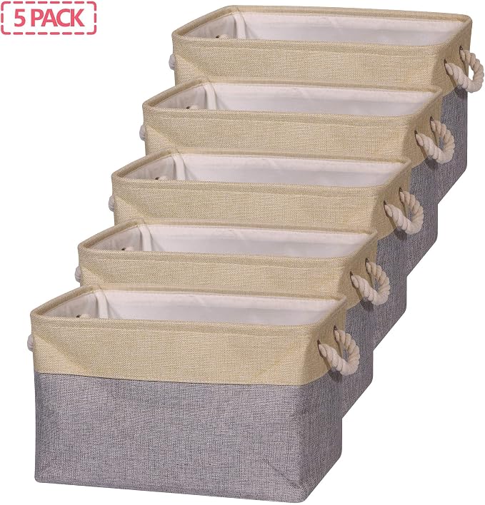 TENABORT 5 Pack Large Storage Basket Bin Foldable Storage Cube Box Canvas Fabric Collapsible Organizer with Handles for Closet Home Office Clothes Shelf Nursery, Grey Beige - Image 7