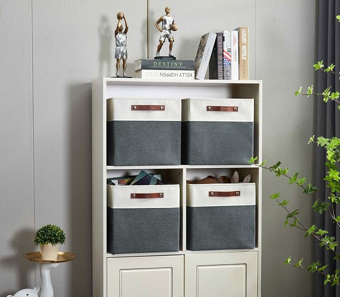DECOMOMO Fabric Cube Storage Bins, Storage Baskets for Shelves 4 Pack | 11 inch Cube Storage Organizer for Kallax and Cubbies (Slate Grey & White) - Image 4