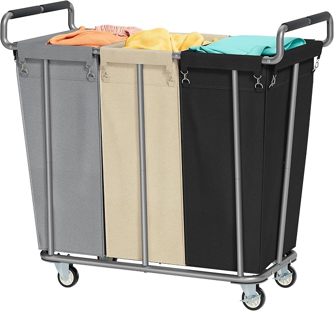 Gewudraw 3 Section Rolling Laundry Sorter Cart with Wheels, 360L | Commercial Laundry Cart Industrial, Large Laundry Basket Rolling Laundry Hamper with Handle for Bathroom, Bedroom, Hotel by Gewudraw