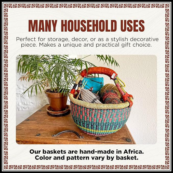 Africa Heartwood Project - Deluxe Colorful African Basket with Leather Handle - Handmade from dried Elephant Grass, Hand-Woven by Women in Bolgatanga, Ghana - Medium 14" Round Flat-packed - Image 6