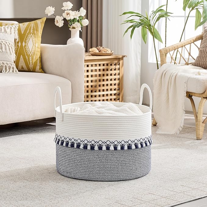 KAKAMAY Large Blanket Basket with Handles, Storage Basket for Living Room | Extra Large Capacity | Natural Cotton Rope | Blanket Storage | Woven Storage Basket | Stuffed Animal Storage | Laundry Basket - Image 4