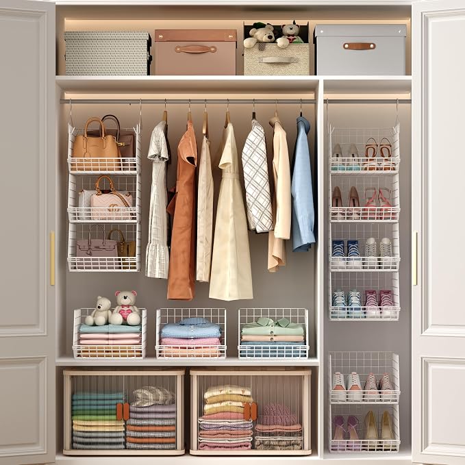 4 Tier Closet Hanging Organizer Foldable Dorm Closet Organizer White | Freestanding Closet Organizers and Storage with 5 S Hooks, wire closet shelving for Wardrobe Laundry Room Patent (11.8" D) - Image 4
