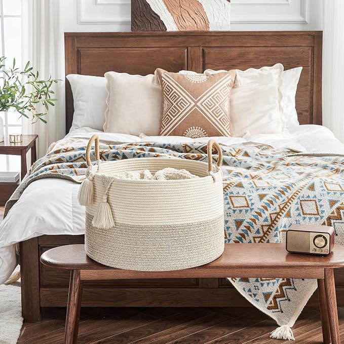 KAKAMAY Large Blanket Basket with Handles, Storage Basket for Living Room | Extra Large Capacity | Natural Cotton Rope | Blanket Storage | Woven Storage Basket | Stuffed Animal Storage | Laundry Basket - Image 4