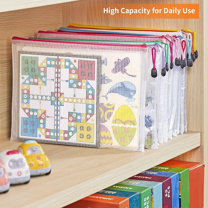 JARLINK A4 Mesh Zipper Pouch Bags, 56 Pcs Waterproof Zipper Pouch Bags | Multi-use Mesh Bags for Board Games & Puzzles, Office School Supplies, Toys, Cosmetics Travel Storage, 10 Colors, Lettle Size - Image 3