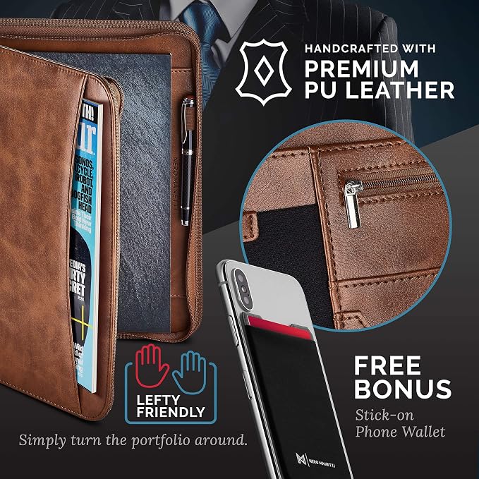NERO MANETTI- Zippered Vegan Leather Padfolio/Portfolio Pad Holder-Business PU Leather Notepad Folder for Resumes, Interviews, iPad/Tablet, Phone, Legal Pad Notebook Executive Binder for Women, Men - Image 5