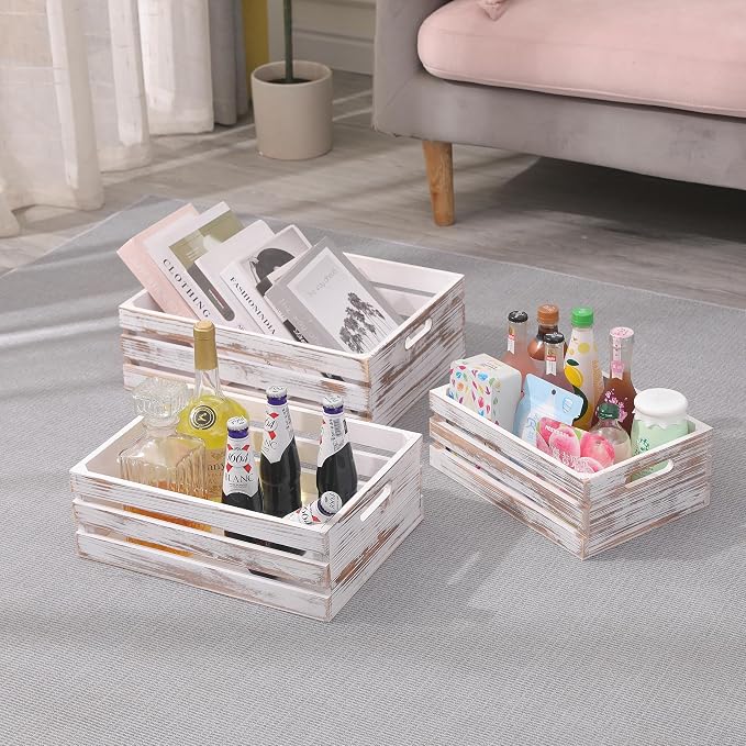Large Size Wood Crates For Storage,Decorative Vintage White Wooden Crates For Display,Handmade Solid Wood Boxes,Set Of 3 Rustic White Wooden Crate. (vintage white) - Image 7