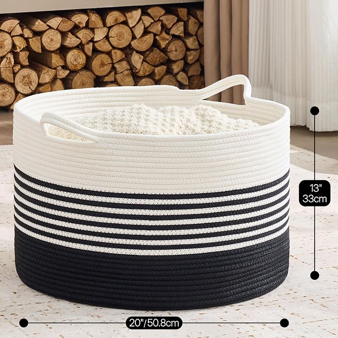 KAKAMAY Large Blanket Basket with Handles, Storage Basket for Living Room | Extra Large Capacity | Natural Cotton Rope | Blanket Storage | Woven Storage Basket | Stuffed Animal Storage | Laundry Basket - Image 3