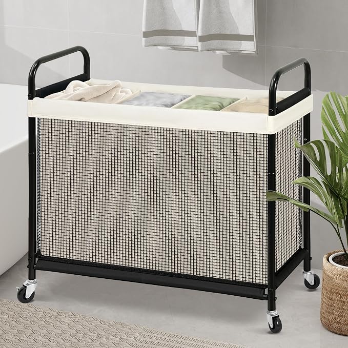 STO STO Laundry Hamper 4 Section, 140L Rolling Laundry Sorter Cart with Removable and Washable Liner Bag, Clothes Hamper with Wheels and Metal Handle for Laundry Room and Bedroom, Beige - Image 3
