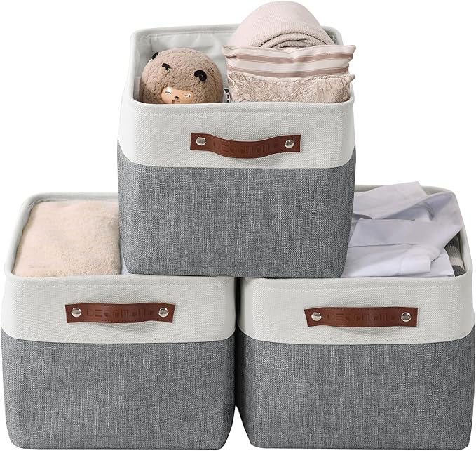 DECOMOMO Storage Bins, Large Fabric Storage Baskets for Shelves 3 Pack | 15 x 11 x 9.5 inches Decorative Linen Closet Organizers (Slate Grey & White) by DECOMOMO