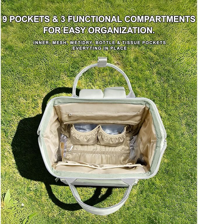Diaper Bag Backpack with Wet/Dry Pocket, Changing Pad, 24L Green | 9 Pockets, 2 Insulated Bottle Pockets & Rear Opening for Organizing, Stroller Straps & Luggage Sleeve for Travel - Image 4
