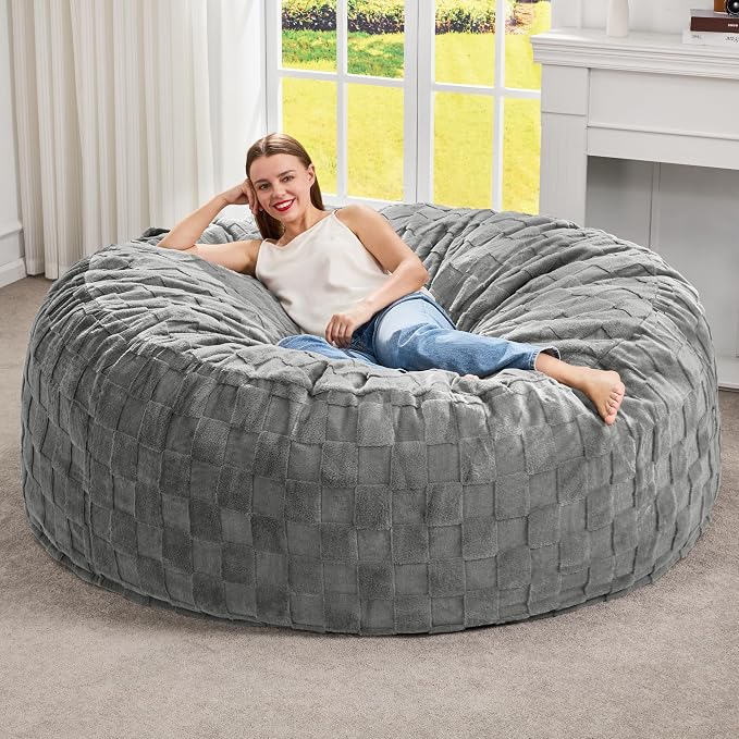 Hobestluk Adults Bean Bag Chair 5FT Big BeanBag Chair Giant Large Oversized | Memory Foam,Washable Cover,Unique Fluffy Plaid,Comfy Adult BeanBag with Filler Lounging Gaming Bedroom Living Room | Grey 5FT by YourHomeDeservesMore