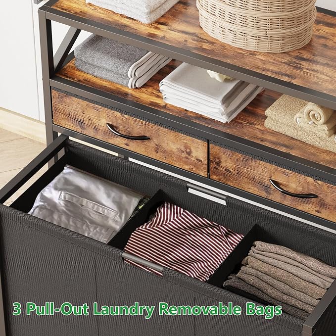 150L Laundry Sorter Hamper 3 Section with 2 Shelves & 2 Drawers | 3 Compartment Clothes Storage Organizer Cart, Pull-Out Removable Oxford Fabric Bags - Image 5