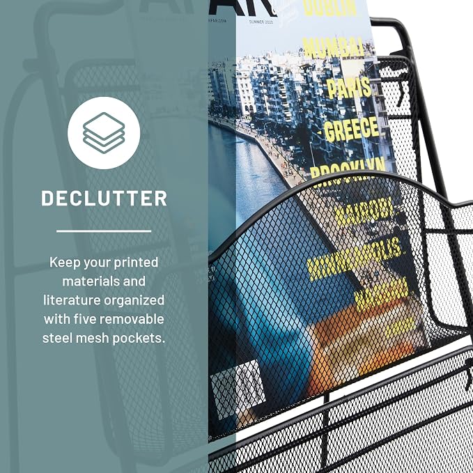 Safco Onyx Mesh Magazine Holder, Ladder Style Display Rack with 5 Pockets, Brochure Organizer, Commercial-Grade Steel Construction, Black - Image 4