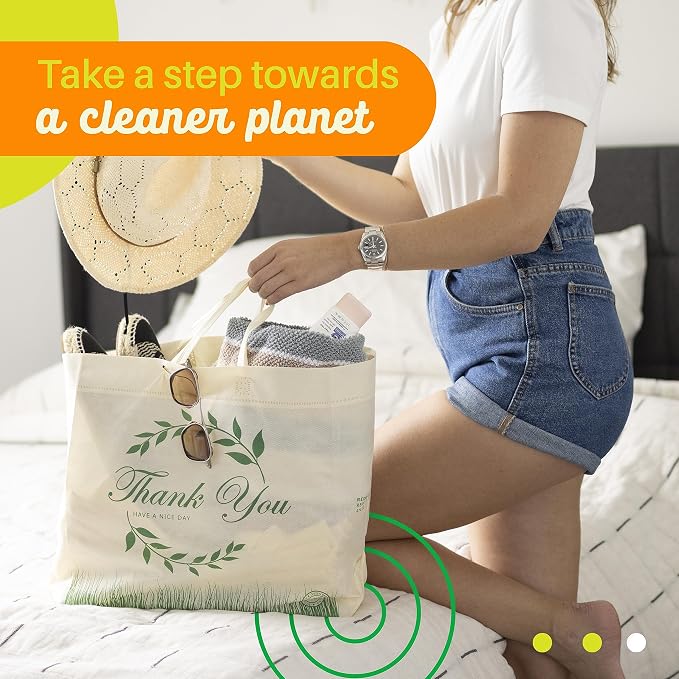 Simply Cool 50 Pack Reusable Thank You Grocery Bags Large Tote Bags Bulk | 14.5"x14"x6.6" Heavy Duty Non-woven Printed Shopping Bags with Handles, Foldable Washable for Groceries and Commercial use - Image 3