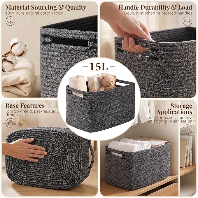 OIASKET 4Packs Natural Cotton Rope Storage Baskets for Organizing Toys, Clothes, Towels & Books, Soft Versatile Organizers for Shelves, Home Decorative Bins, 13''Lx9''Wx7.8''H, Black and White - Image 3