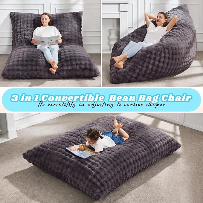Hobestluk Adult Bean Bag Chair 3 in 1 Convertible Large Bean Bag Sofa | Bubble Dark Grey,Machine Washable,Removable Cover,Easy Convert And Install, Oversied Floor Bed,For Livingroom Bedroom - Image 4
