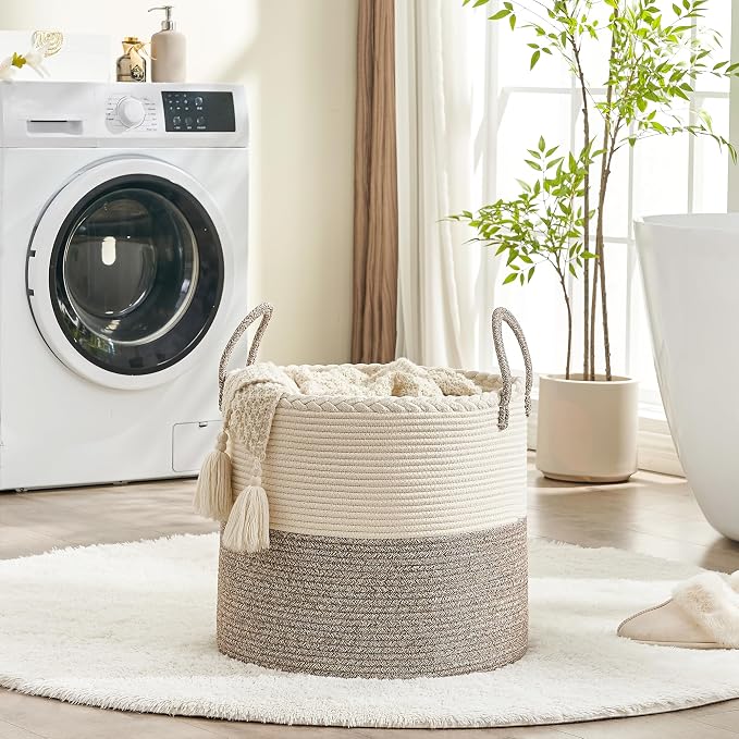 KAKAMAY Large Blanket Basket (18"x18"x16"),Woven Baby Laundry Hamper for Storage, Cotton Rope Blankets Baskets for Nursery, Laundry, Living Room, Pillows, Baby Toy chest with Handles (White/Beige) - Image 4