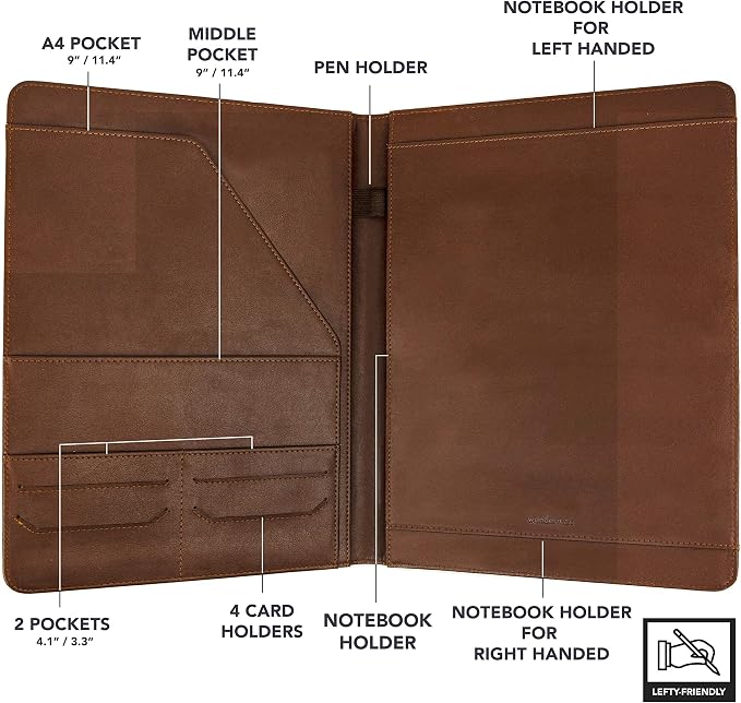 Wundermax Portfolio Binder - 12.8 x 9.8 x 0.6 Inch Vegan Leather Padfolio for Women and Men w/Notepad, Pockets for Tablet, Resume and Documents - Brown - Image 3