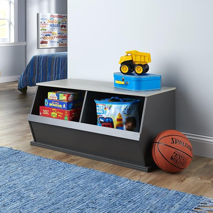 Badger Basket Two Bin Stackable Toy Storage Cubby Organizer for Kids, Playroom, Bedroom, or Nursery – Wooden Toy Chest and Book Storage Unit – Charcoal/Gray Woodgrain - Image 5