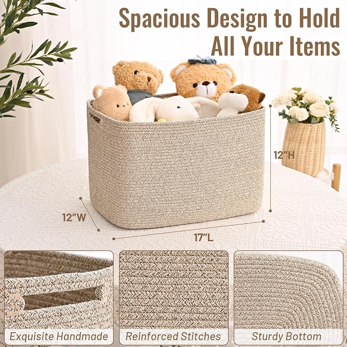 3 Pack Cube Storage Bin, 17”x12”x12” Cotton Rope Woven Baskets for Organizing Toys Clothes Towels, Square Gift Storage Baskets for Shelves, Nursery, Closet, Bathroom, Pantry (Jute) - Image 4