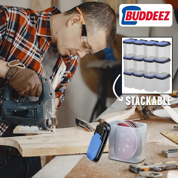 Buddeez Stackable Hardware Storage Bins, 1 Quart, 12-Pack, Blue Lids | Clear bins for easy visibility, Stackable lids, Organizes nuts, bolts, screws and small parts, Workshop or garage storage - Image 4