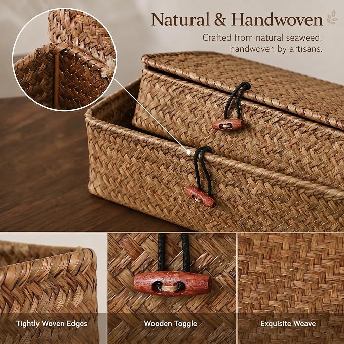 YANGQIHOME Set of 2 Seagrass Baskets with Lids, Rectangular Woven Storage Baskets, Natural Wicker Basket Boxes for Coffee Table, Shelf, Bathroom Counter & Closet Decor (Coffee, Set of 2) - Image 3