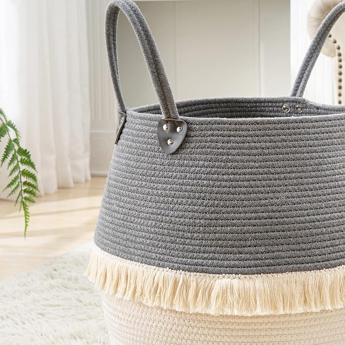 KAKAMAY Woven Baskets for Storage(17"x17"),Large Cotton Rope Woven Baby Laundry Hamper,Collapsible Laundry Basket, Blanket Basket for Organizing Living Room,Nursery,Pillows,Toy Chest(Grey) - Image 5