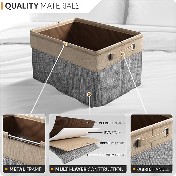 Sorbus Premium Fabric Storage Cubes 15 Inch- Big Sturdy Collapsible Storage Bins with Dual Handle- Foldable Baskets for Organizing- Decorative Cube Storage Bins for Home & Office Use- 3 Pack| Grey/Tan - Image 4