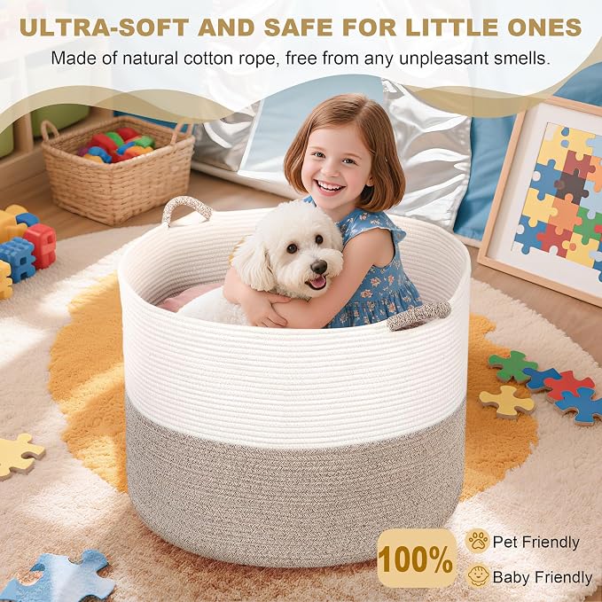 XXXL Large Blanket Basket for Living Room, 21.7" x 13.8" Woven Cotton Rope Laundry Hamper for Pillows, Towels & Toy Storage - Decorative Round Storage Basket with Handles for Nursery, Baby & Dog Toys - Image 5