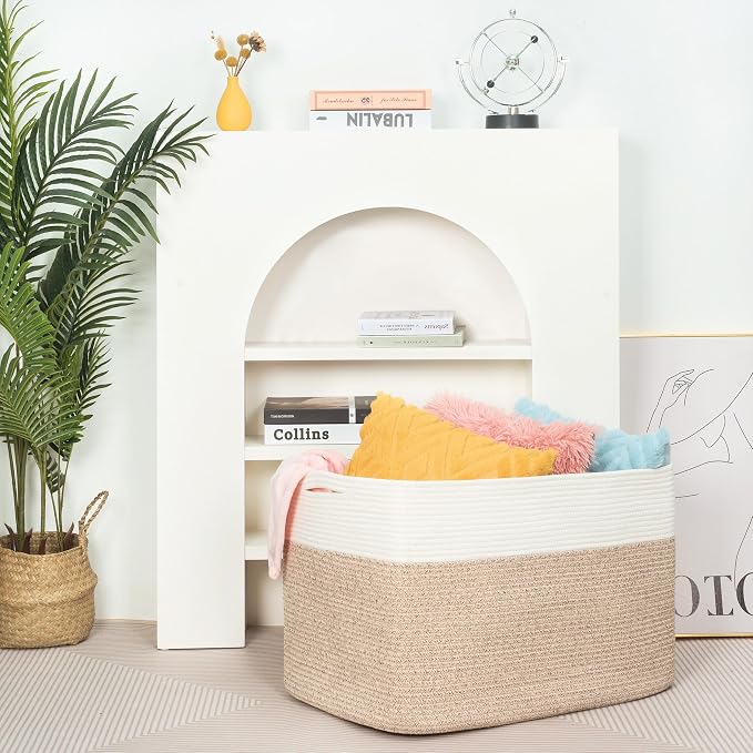 112L Extra Large Blanket Basket Holder Living Room, 25"x17"x16" Rectangle Rope Woven Storage Basket with Handles for Laundry, Pool Towels, Shoes, Dog Toy Organizer Bin Box, Light Brown - Image 6