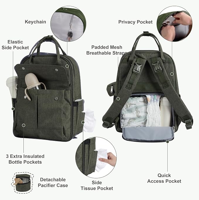 Modern Diaper Bag Backpack for Moms Dads with Hidden Pocket Green | Allovely Diaper Bag Backpack, Large 22L Baby Bags for Boys Girls, Multi-functional Travel Diaper Backpack, Stroller Straps - Image 3