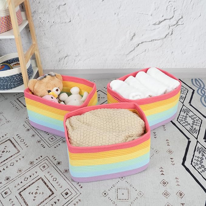 XUANGUO Woven Cotton Rope Storage Baskets 15x10x9.3" 3 Pack Rainbow | Colorful storage baskets for shelves and playrooms; toy storage bins organize kids' toys, books, clothes and nursery items. - Image 6