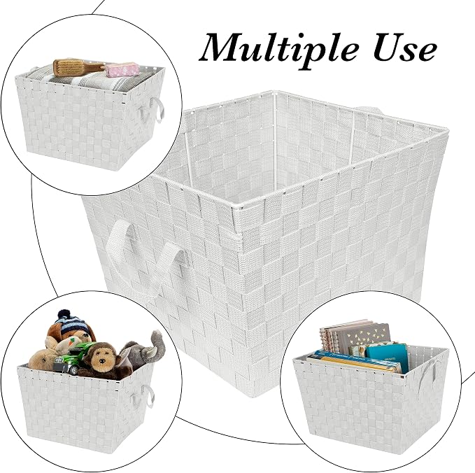 Simplify Large Woven Strap Tote | Decorative Storage Basket | 2 Handles | Organization | Closet | Bedroom | Bathroom | Nursery | Accessories | Toys | Gifts | 4 Pack | White - Image 2