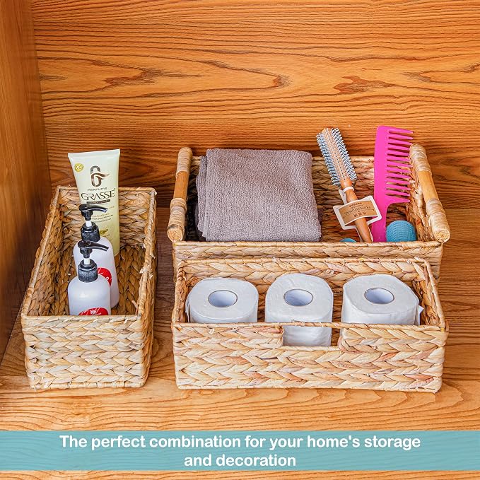 VATIMA Large Water Hyacinth Storage Baskets for Organizing with Wooden Handles for Shelves, 2 Bathroom Small Basket, Water Hyacinth Toilet Paper Baskets, Set of Natural Wicker Storage Basket for Home - Image 7