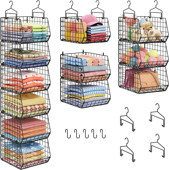 6-Tier Extended Depth Hanging Closet Organizers and Storage for Closet Organization, Stackable Hanging Shelves with Hooks for Clothes Sweaters Towels Purses, Fits Closet Shelves & Wire Metal Shelving by X-cosrack
