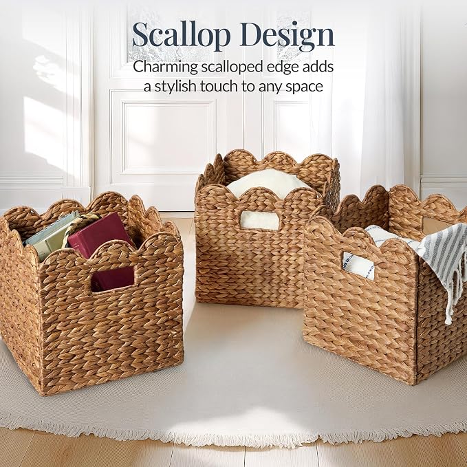 Best Choice Products 10.5x10.5in Scalloped Hyacinth Baskets, Set Of 5 Multipurpose Collapsible Storage Organizer, Handwoven Laundry Totes for Bedroom, Living Room, Shelves – Chestnut - Image 3