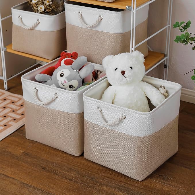 MidmmVick 13 x 13 Inch Cube Storage Bins, 4 Pack Large Collapsible Fabric Storage Bin with Ropes, Foldable Storage Cubes for Home, Office,Closet, Clothes, Toys Organizer (White & Beige) - Image 3
