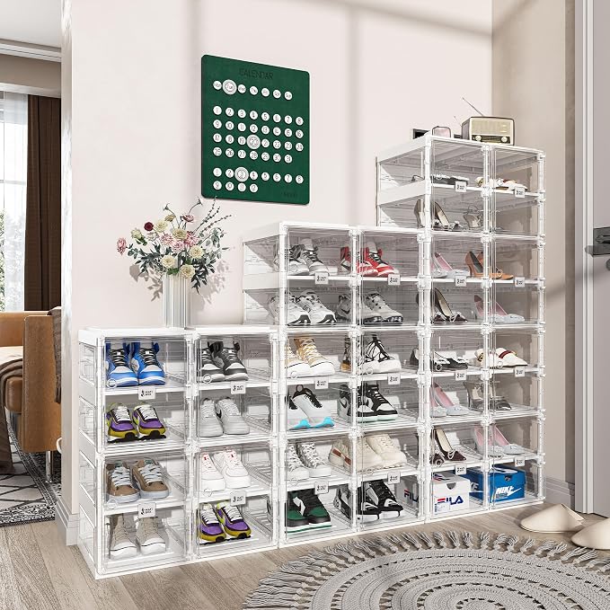 ANTBOX Foldable Shoe Rack,Shoe Organizers for Closet Plastic Shoe Storage Box Space Saving for Entryway, Large Sturdy Stackable Sneaker Cabinet Bins with Magnetic Clear Door 6 Tiers 12 Pairs - Image 2